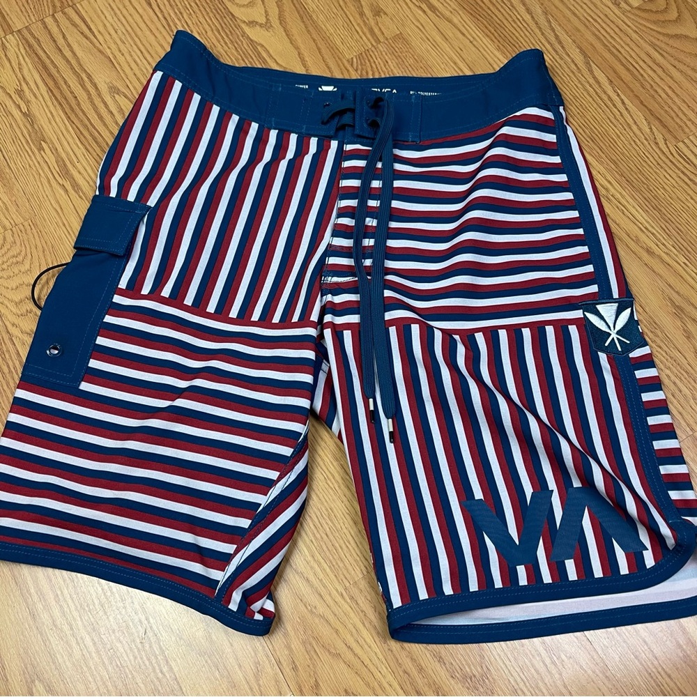 RVCA Makua Rothman ANP Men's Striped Board Shorts - Navy, Red, and White